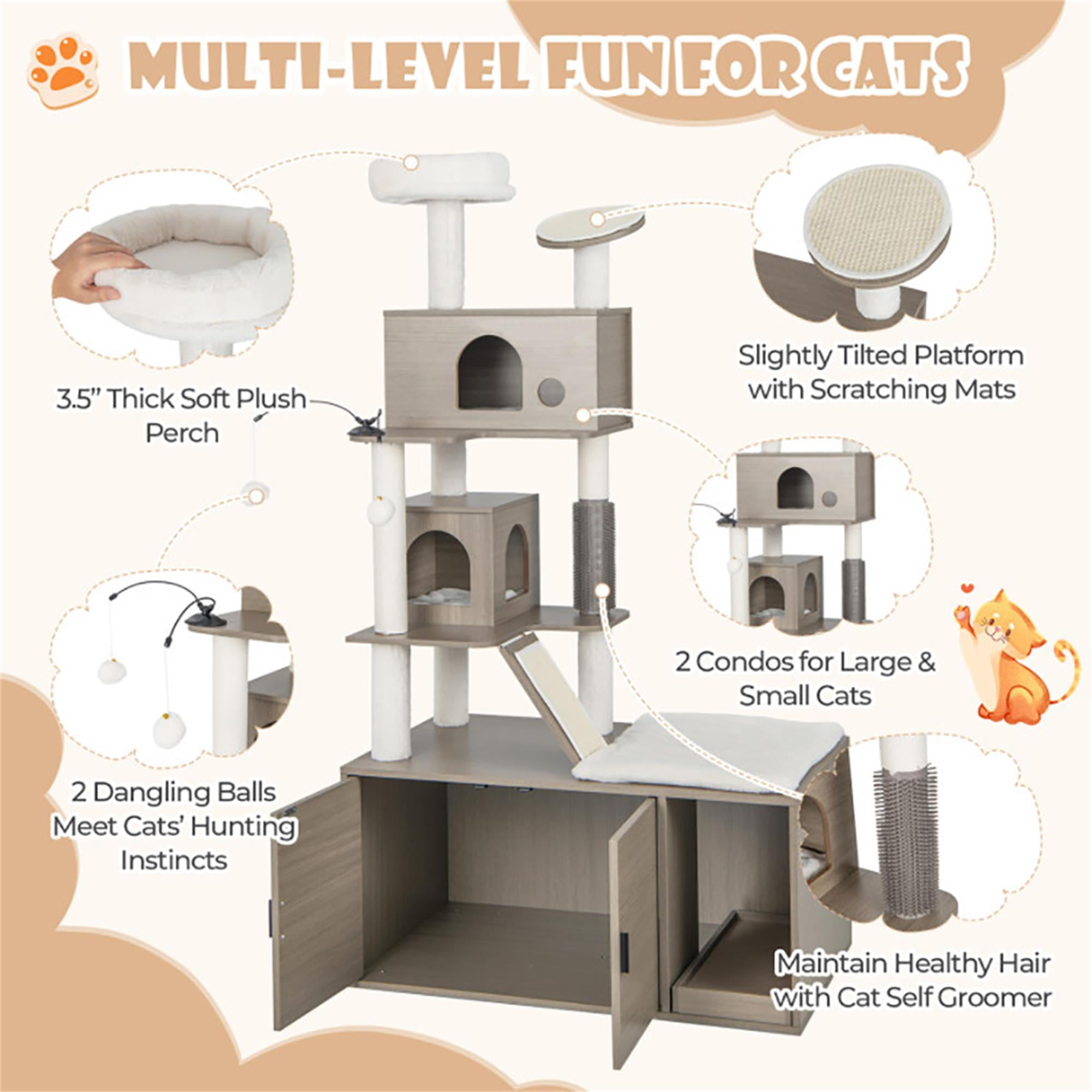 Kadyn 68" Cat Tree with Wood Litter Box Enclosure, All-in-one Indoor Cat Furniture with Large Platform and 2 Condo, Modern Style Cat Tower, Gray