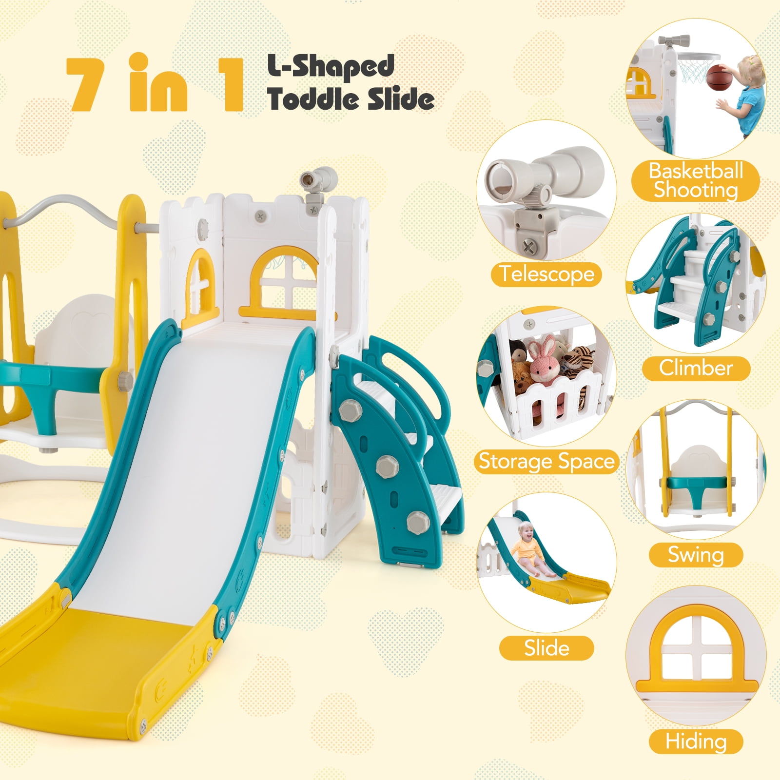 Patiojoy 7 in 1 L-shaped Toddle Swing and Slide Set Freestanding Toddler Slide Playset w/ Swing Yellow