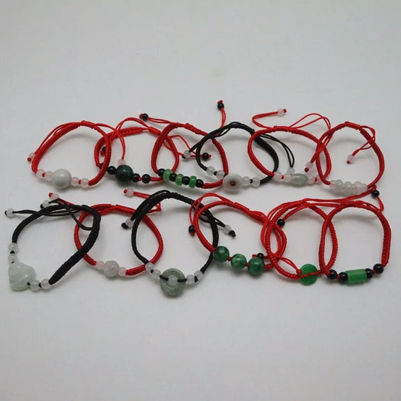 K-KED Natural Jade Bracelet For Women Men Chinese Red String Handmade Bracelet 12pcs