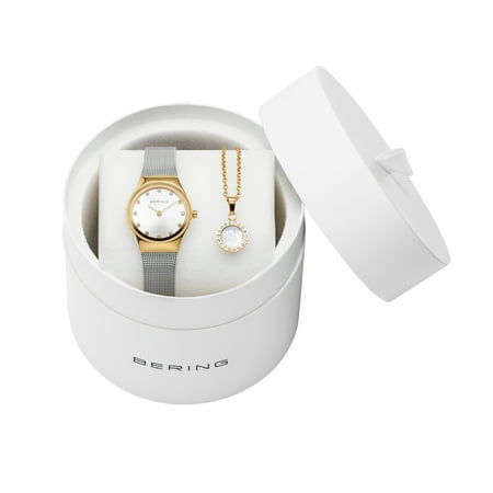 BERING Women's Classic Two-tone Watch with Crystal Necklace Gift Box Set 12924-001G