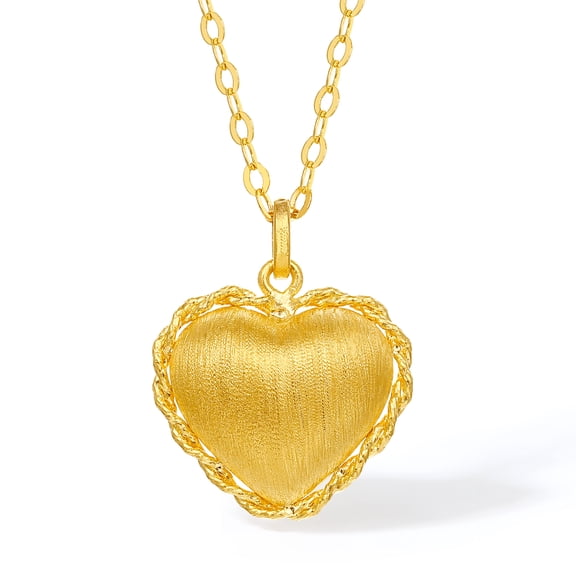 ZHOU LIU FU 18K Yellow Gold Textured Heart Pendant Necklace for Women 15.7''-17.7'' C0614325