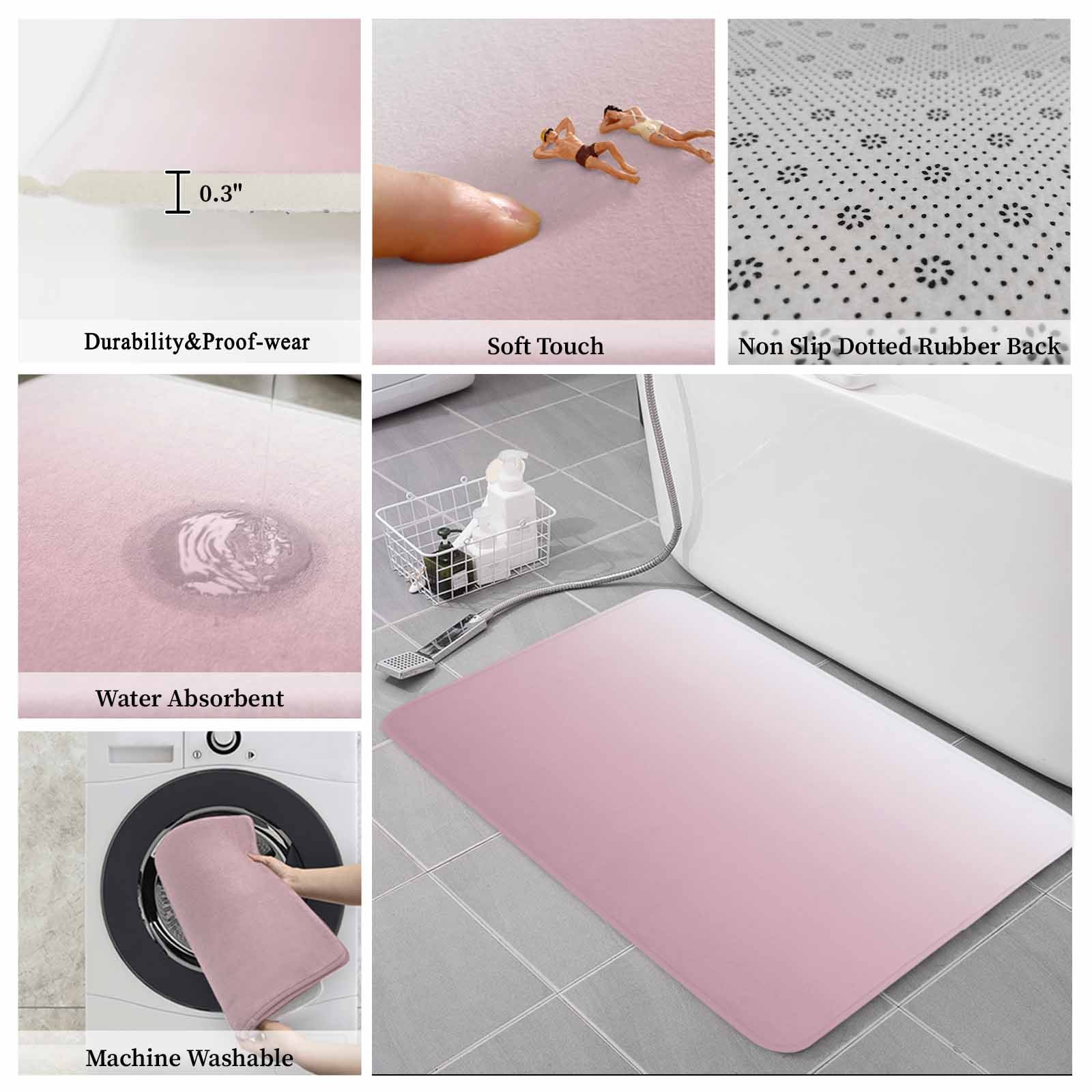 Pink White Ombre Bath Mat 3 Piece Bathroom Rug Set, Pink Gradient Color Modern Abstract Art Non Slip Bath Rug Contour Mat and Toilet Lid Cover, Absorbent Shower Mats Soft Bath Rugs and Mats Sets