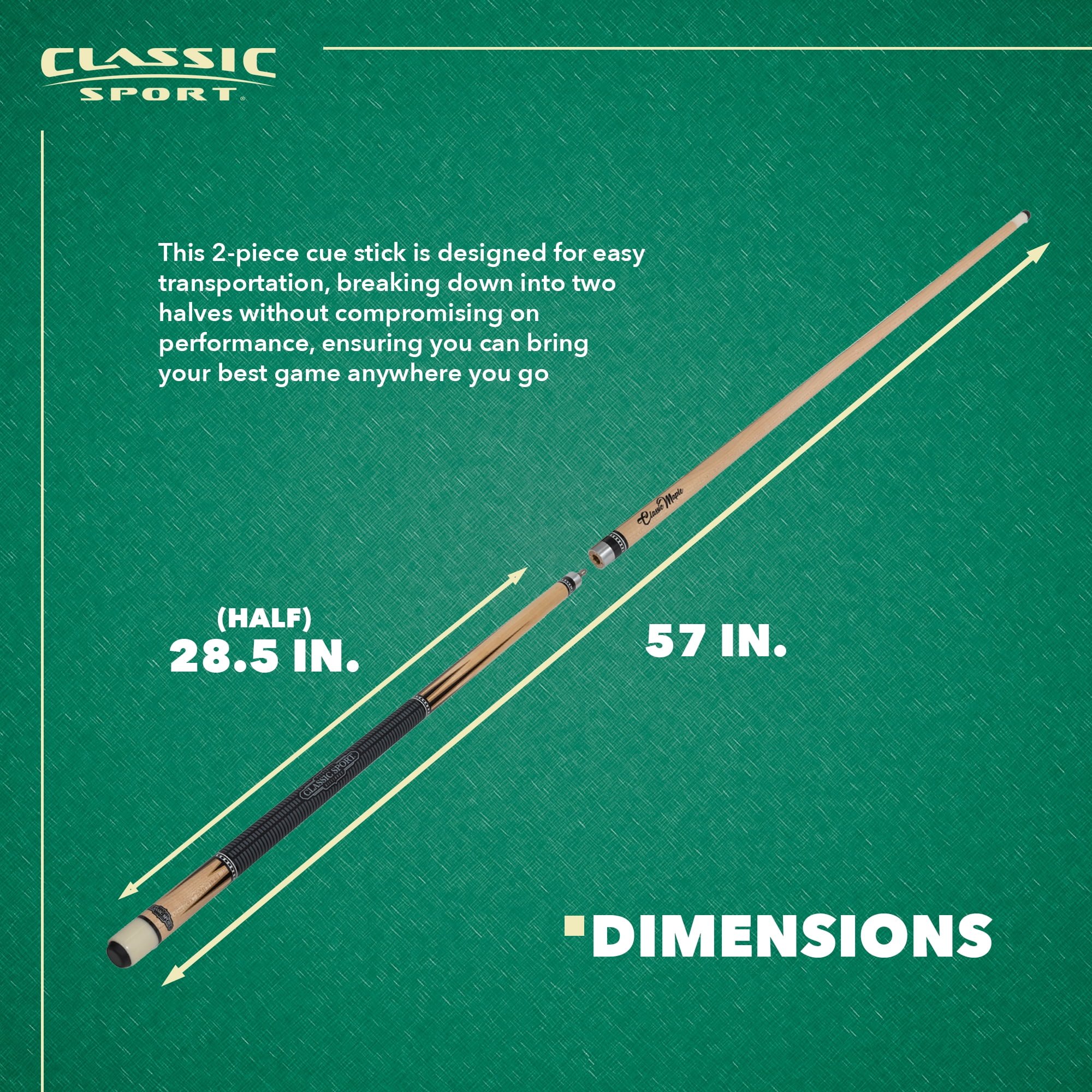 Classic Sport 57 in. Classic Canadian Maple 2-Piece Wooden Billiard Cue Hardwood Pool Stick - 1.27 lb