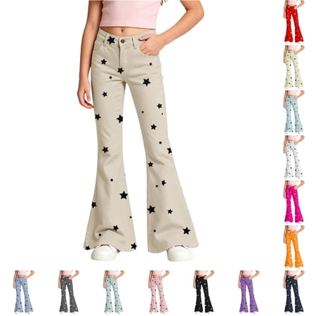 XAOFW Girls Back To School Flared Pants Elastic Waist Stars Print Slim Fit Wide Leg Trousers Uniform Pants For Girls Kids Comfortable Bottoms 11-12 Years