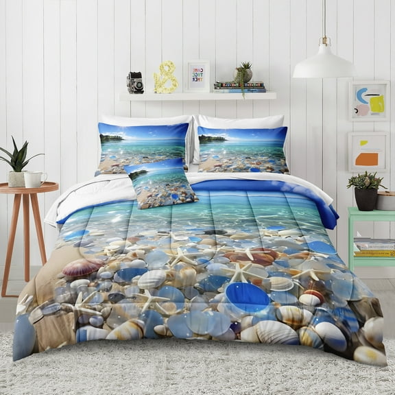 Blue Ocean Comforter Set 8 Pieces Bed in a Bag 100% Soft and Lightweight Beach Themed Bedding Set for Bedroom Starfish and Shells Pattern Vacation Comforter Set All Seasons