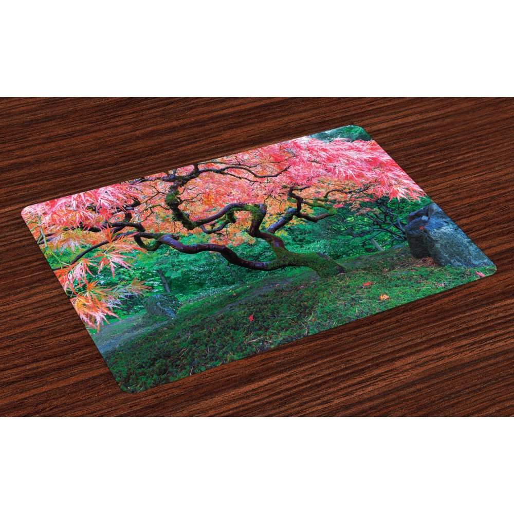 Japanese Placemats Set of 4 Aged Red Leaf Maple with Moss Asian Garden Scenery in Autumn Grass