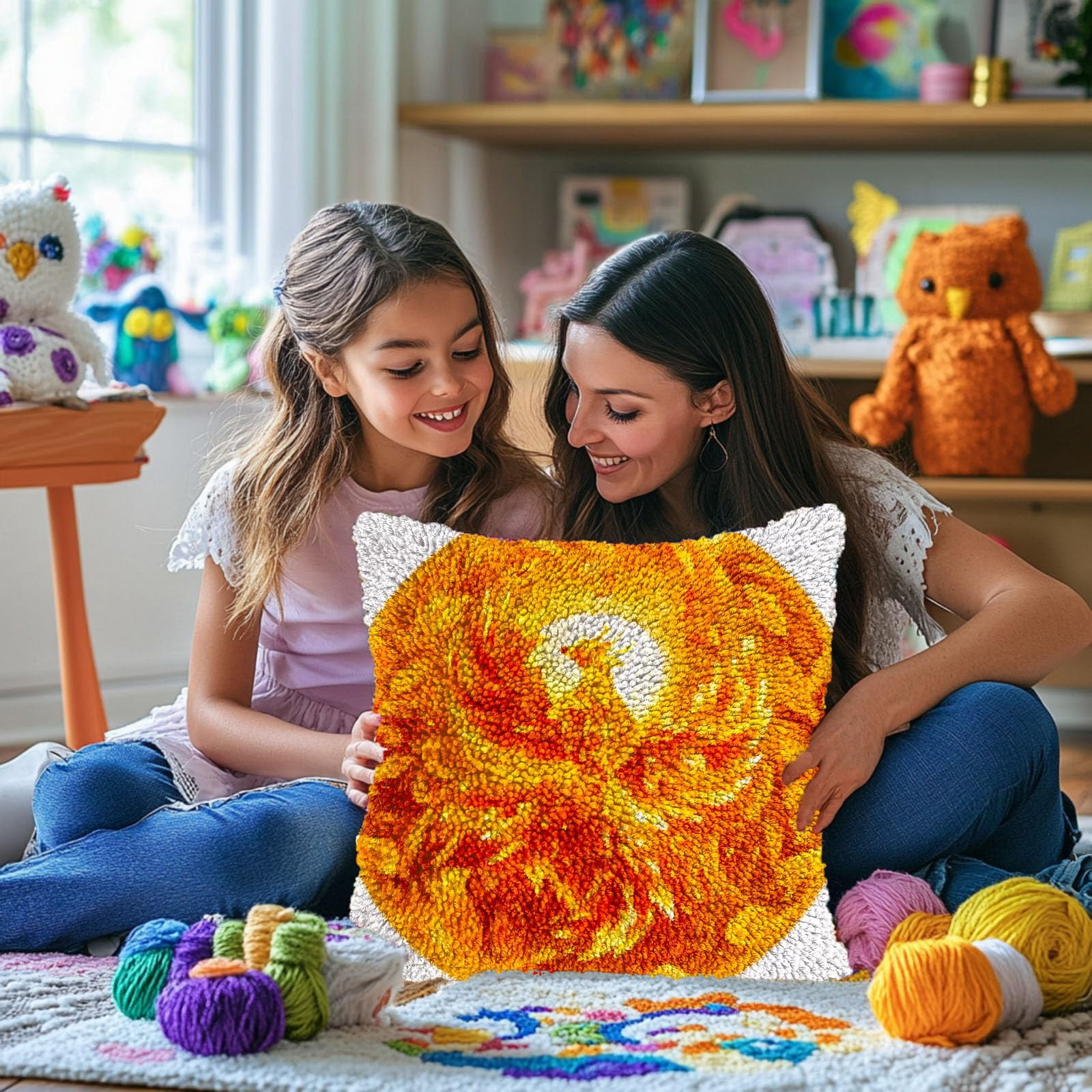 Golden Yellow Bird in Circle DIY Latch Hook Pillow Kits for Adults Printed Pillowcase Crochet Yarns Hooking Handmade Pillow Cover Cushion for Home Sofa Decoration 17x17inch(2)