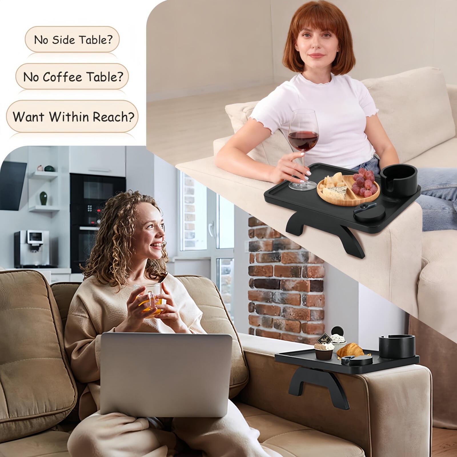 Kelno Couch Armrest Tray 3 in 1 Sofa Arm Tray Table with Swivel Cup Holder Phone Stand, Black