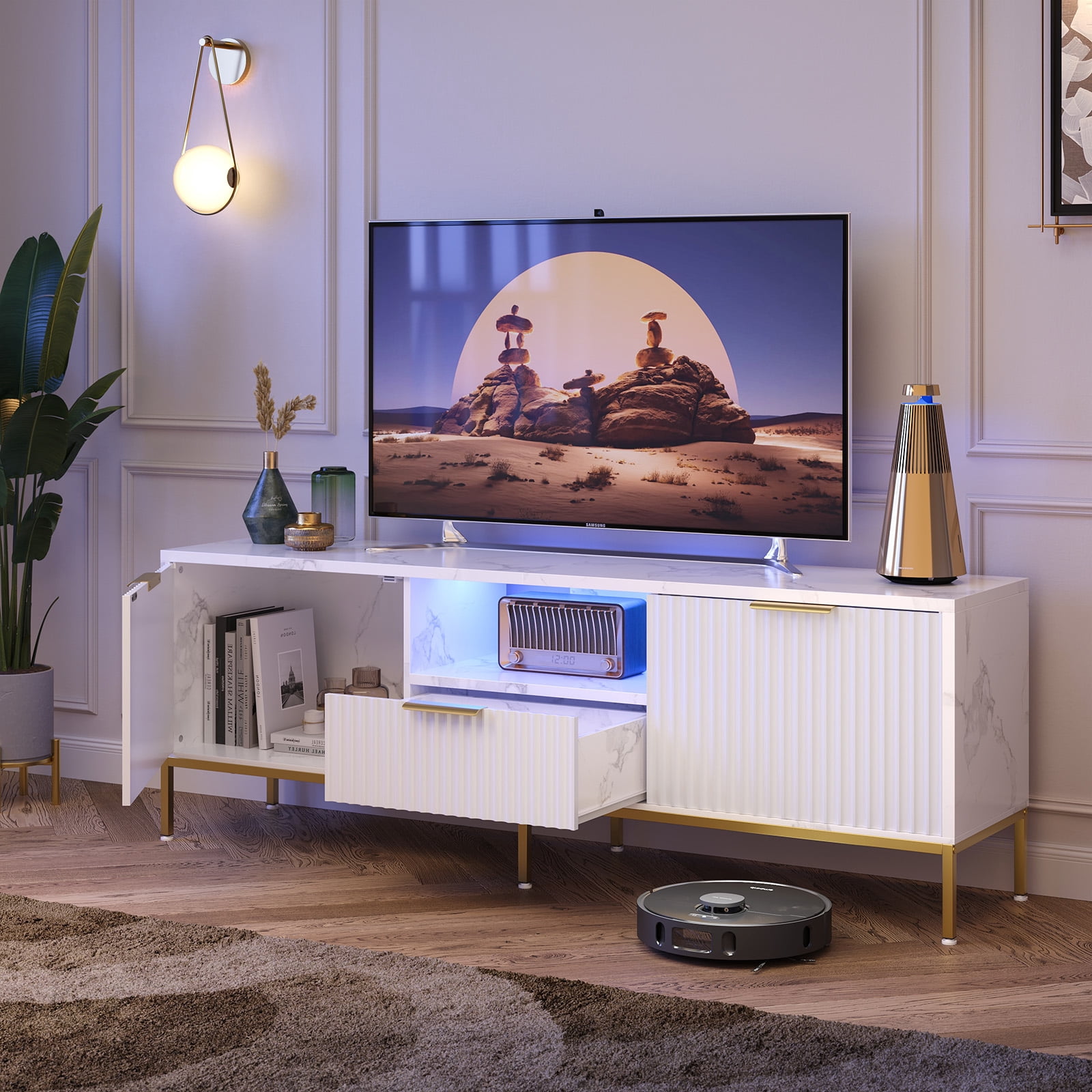 Bestier 55" LED TV Stand for TVs up to 60" Modern High Gloss Entertainment Center with Drawers Cabinets Fluted TV Console, White Marble & Gold