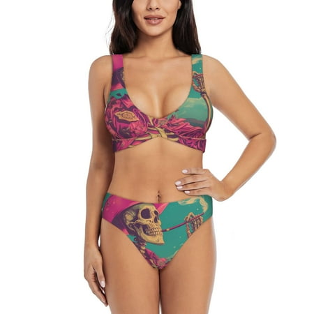 Zeuib Western Desert Skull Cowboy (2) High Waisted Tummy Control Bikini Set - Knot Front Push Up Top & Cheeky Thong Bottom  Two-Piece Swimsuit for Women-Medium
