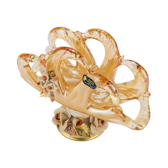 Murano Glass Napkin Holder Vase Decorative Centerpiece - Porcelain Flowers, Honey