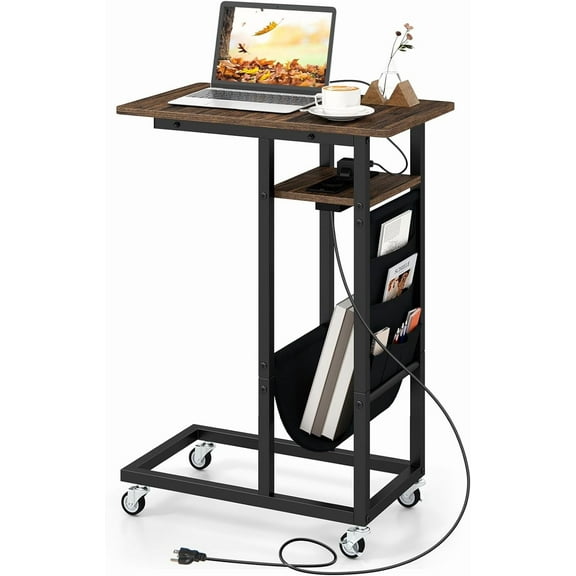GOFLAME Rolling C-Shaped End Table with Charging Station, Industrial Sofa Side Table with Wheels, Retractable Top, AC Outlets & USB Ports, Storage Bag, C Table for Living Room, Rustic Brown