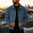 thumbnail image 5 of gzxflxpge Corduroy Jacket Men Causal Regular Fit Snap Button Up Plaid Overshirt Vintage Long Sleeve Lapel Collared Fall Winter Outerwear with Pockets Dark Blue 2XL, 5 of 9