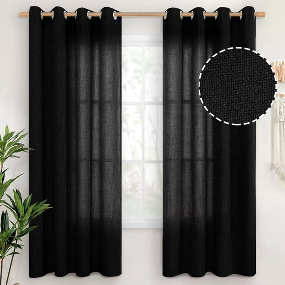 TEMOGU-Natural Linen Curtains 72 Inch Long for Living Room Bedroom Grommet Top Light Filtering Privacy Linen Textured Window Semi Sheer Drapes, 2 Panels, 52x72 Inch, Black