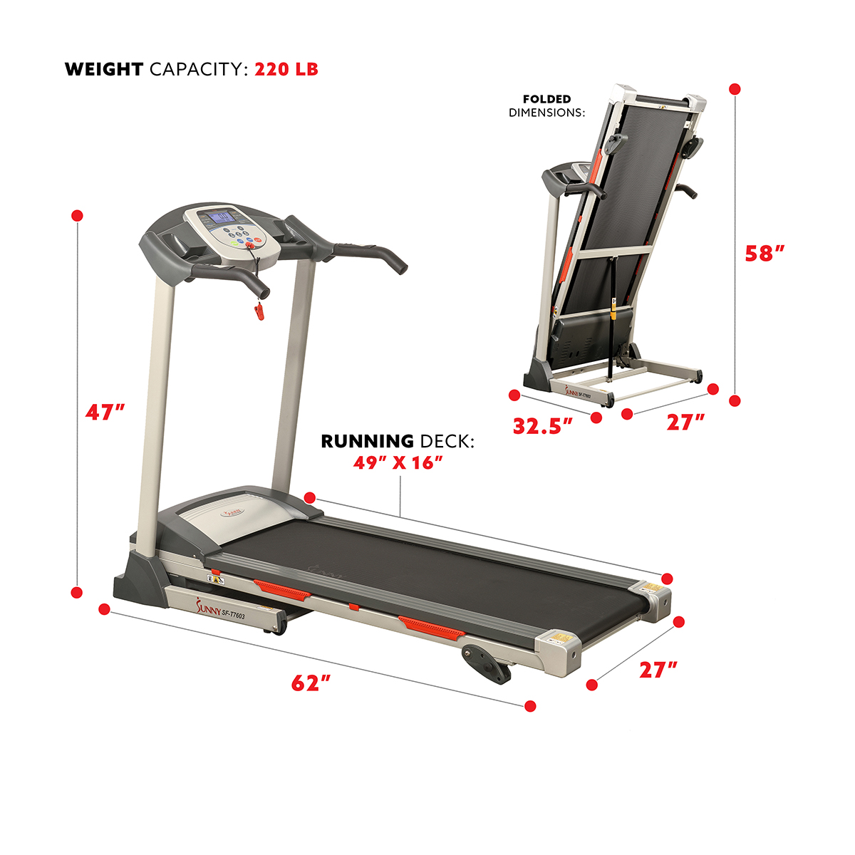 Sunny Health & Fitness Powerful Electric Treadmill for Home, Foldable, Manual Incline, Built-In Programs, Pulse Sensor, SF-T7603 - image 5 of 8