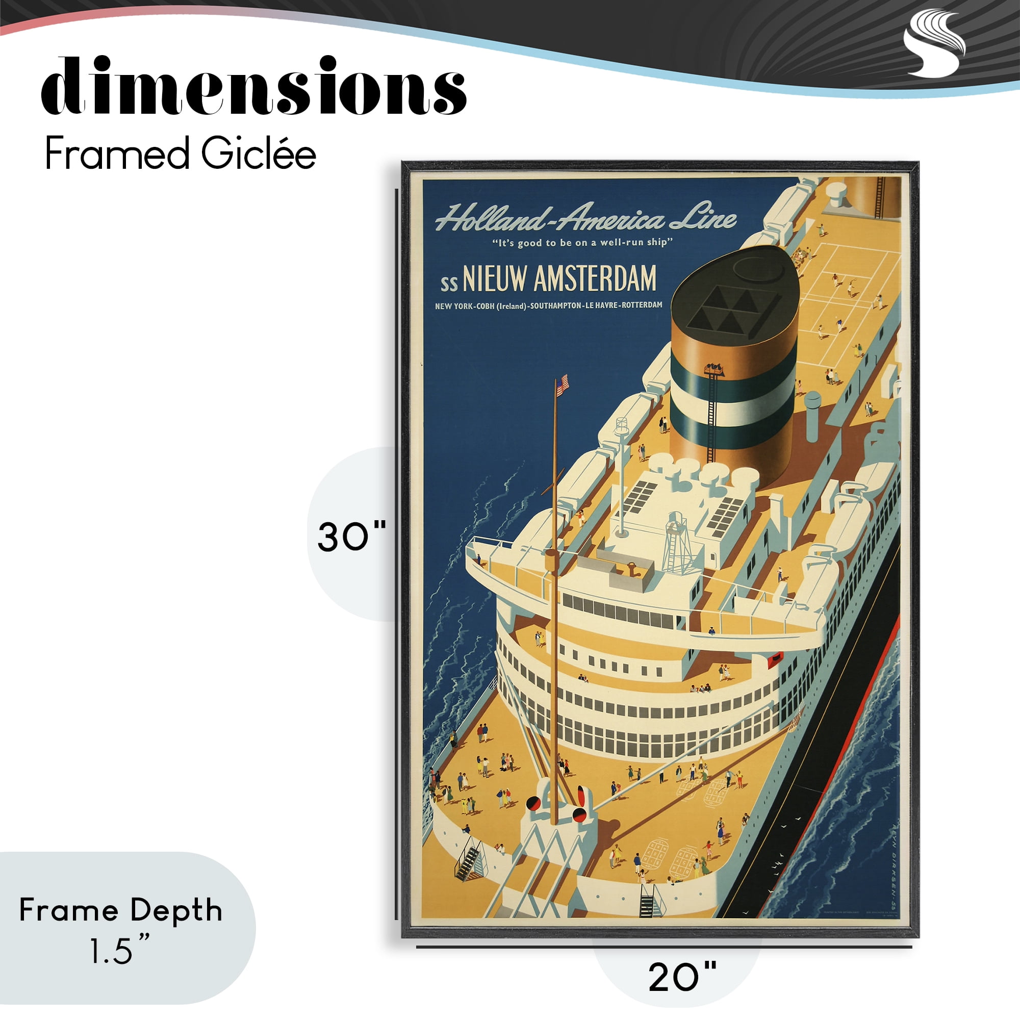 Stupell Industries Nieuw Amsterdam Cruise Ship Black Framed Giclee Art, design by Vintage Posters
