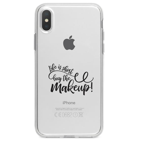 DistinctInk Clear Shockproof Hybrid Case for iPhone XR (6.1" Screen) - TPU Bumper Acrylic Back Tempered Glass Screen Protector - Life is Short, Buy the Makeup