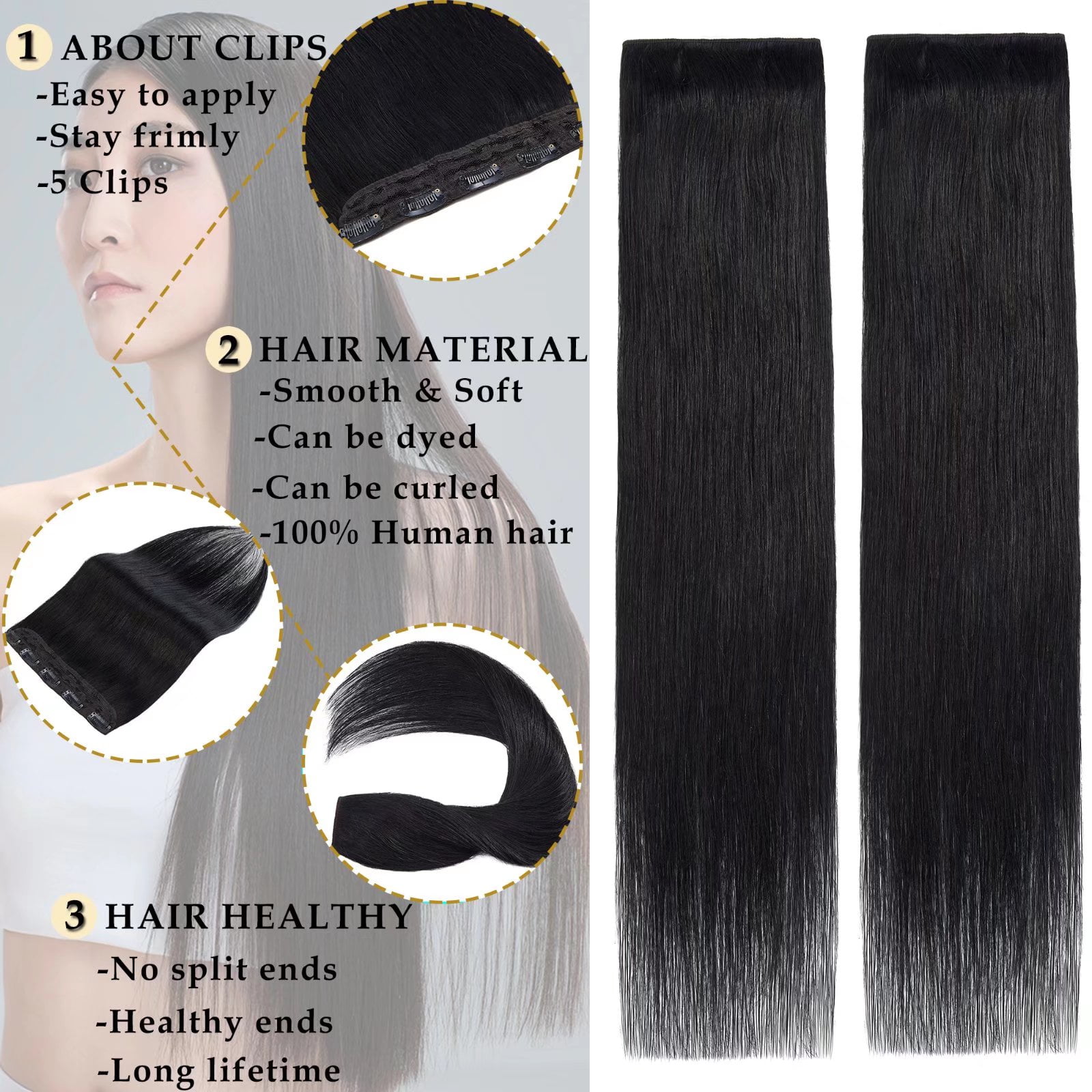 MY-LADY 10''-24'' 5 Clips in Human Hair Extensions Thick Real Natural Hair Pieces 100% Full Head Remy Hair 10inch #01 Jet Black（Thin）