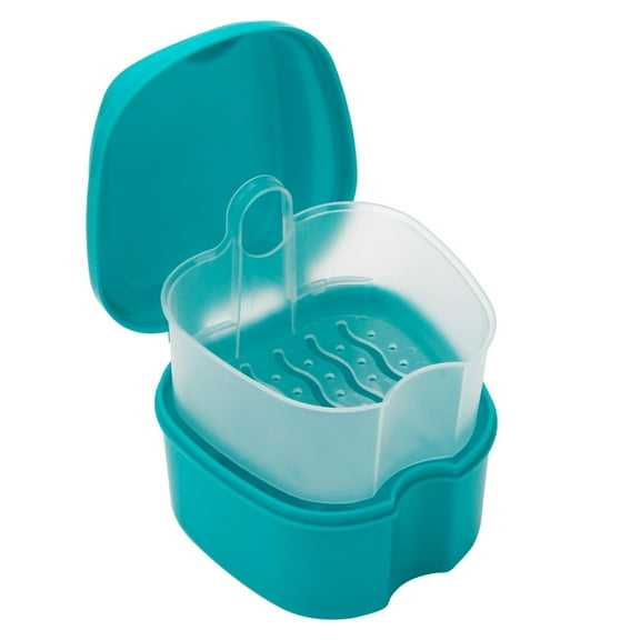 Plutput Denture Bath Case Box Cup Container with Basket Denture Holder for Travel and Cleaning（Green）