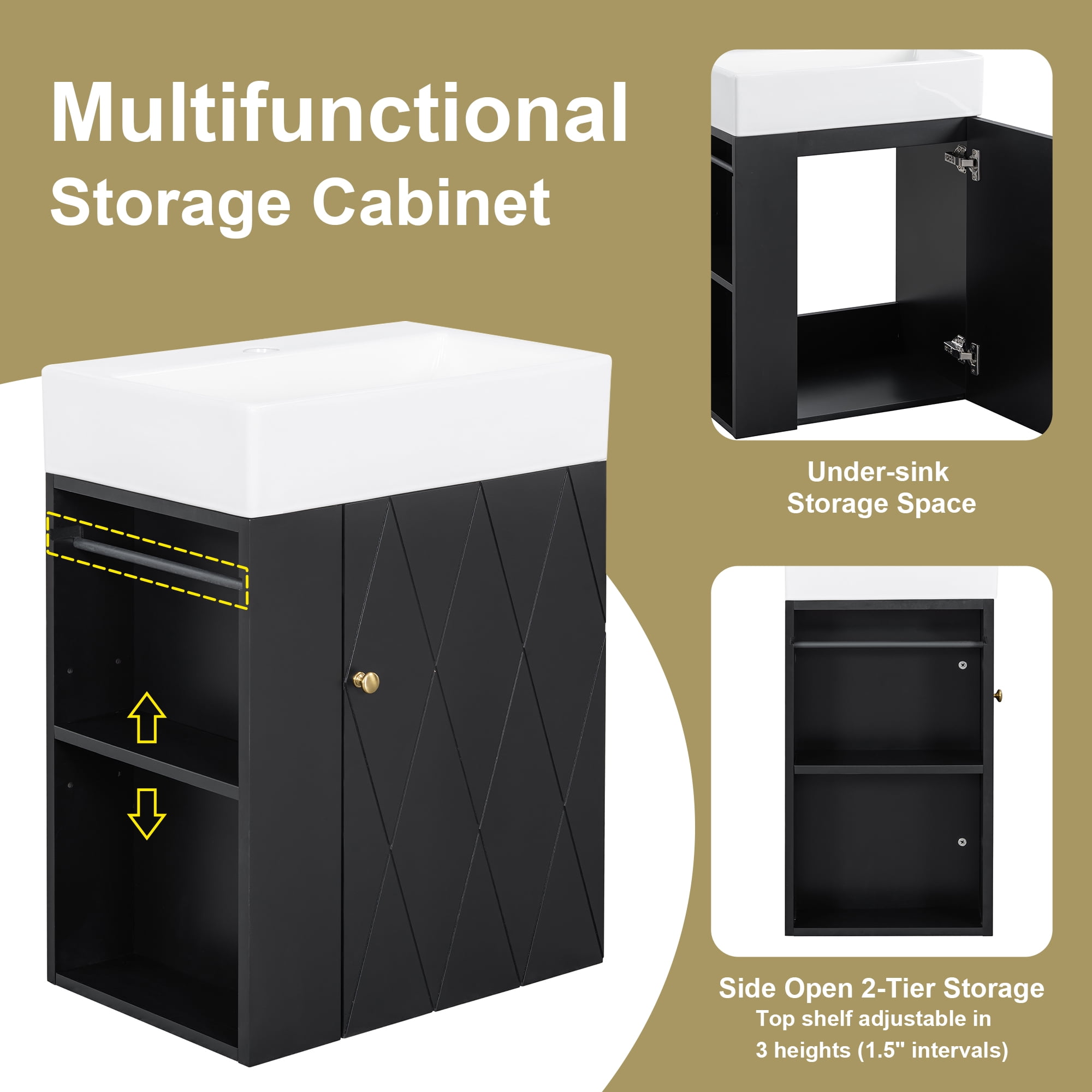 20 Inch Bathroom Vanity with Ceramic Sink, Diamond Pattern Door Design, Gold Handle & Side Storage Shelves – Modern Small Space Cabinet with Towel Bar, MDF Construction