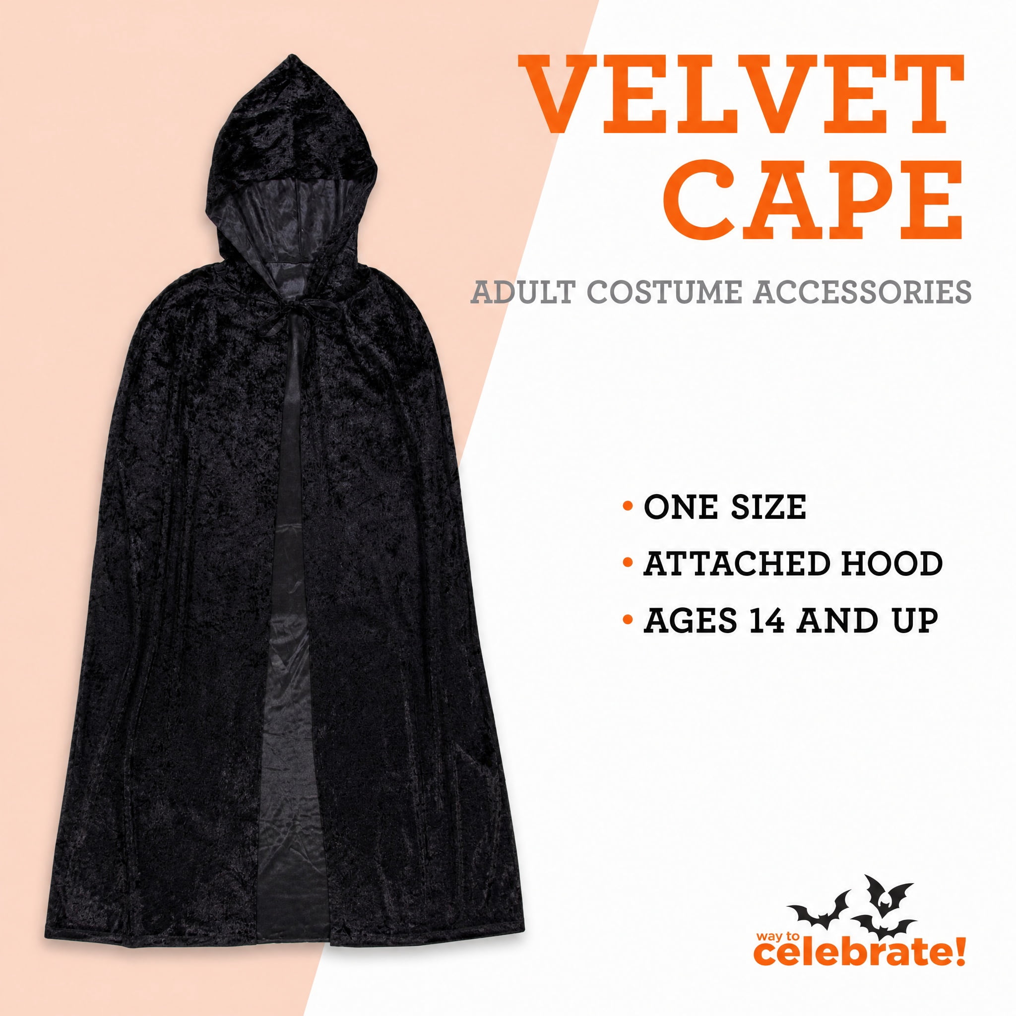 Velvet Cape Costume Accessory for Adults, Black, One Size, Halloween by Way To Celebrate