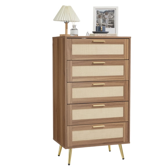 42.99" Modern Rattan 5-Drawer Dresser with Metal Handles & Splayed Legs – MDF Tall Chest of Drawers for Bedroom, Entryway & Living Room Storage
