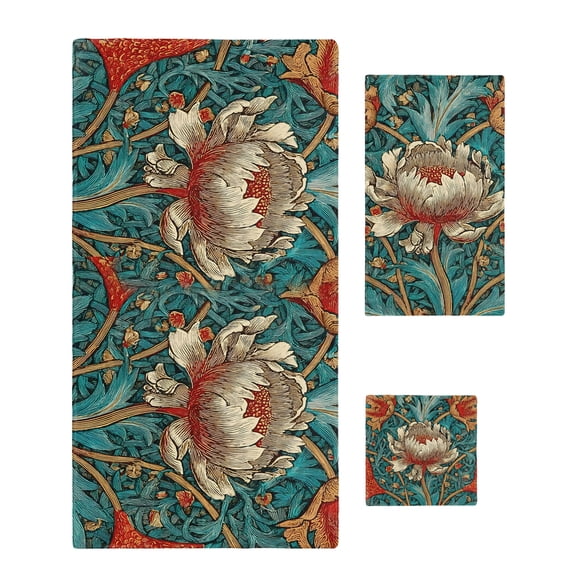 William Morris Plant Floral Towel Set of 3, Soft Microfiber Bath Towels, Hand Towel, Washcloths, Retro Lotus Flower Leaves Quick-Dry Absorbent Towels for Bathroom Kitchen Hotel Beach Gym Spa