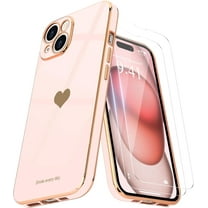 Love-Heart Luxury Case for Apple iPhone 15 Heart Case, Cute Design Shiny Bling Cover, 3 in 1 Bundle Case with 2 PACK Clear Tempered Glass for Apple iPhone 15 for Women Girls, Rose