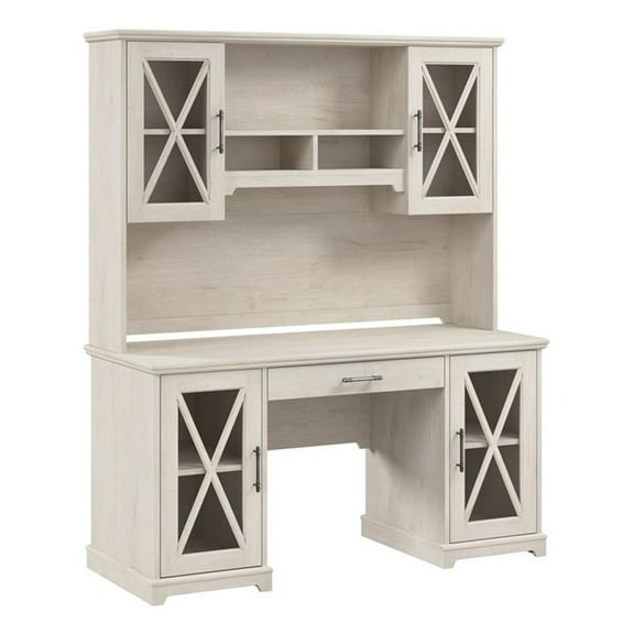 Bowery Hill Engineered Wood Desk with Hutch and Keyboard Tray in Linen White Oak