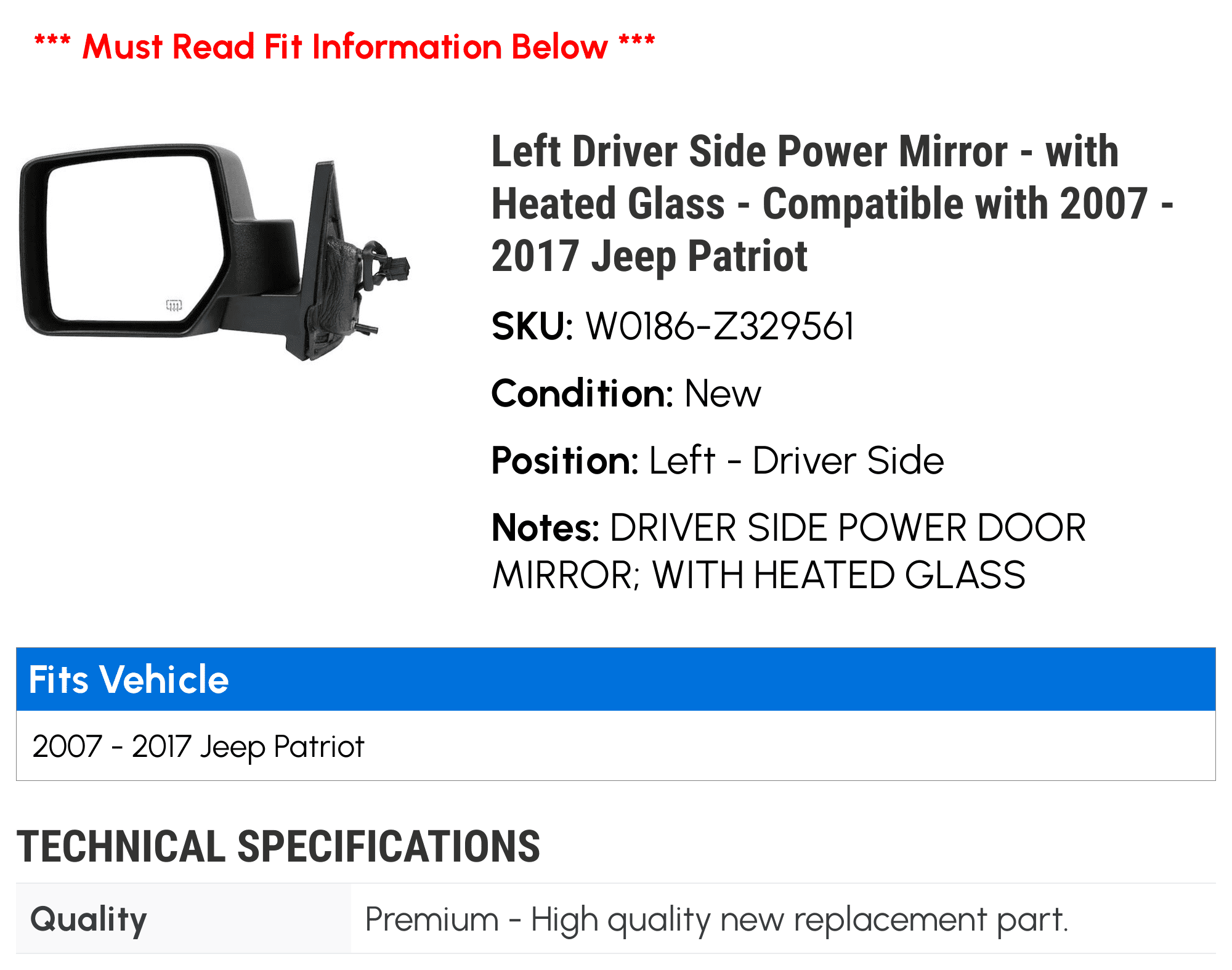 Left Driver Side Power Mirror - with Heated Glass - Compatible with 2007 - 2017 Jeep Patriot 2008 2009 2010 2011 2012 2013 2014 2015 2016
