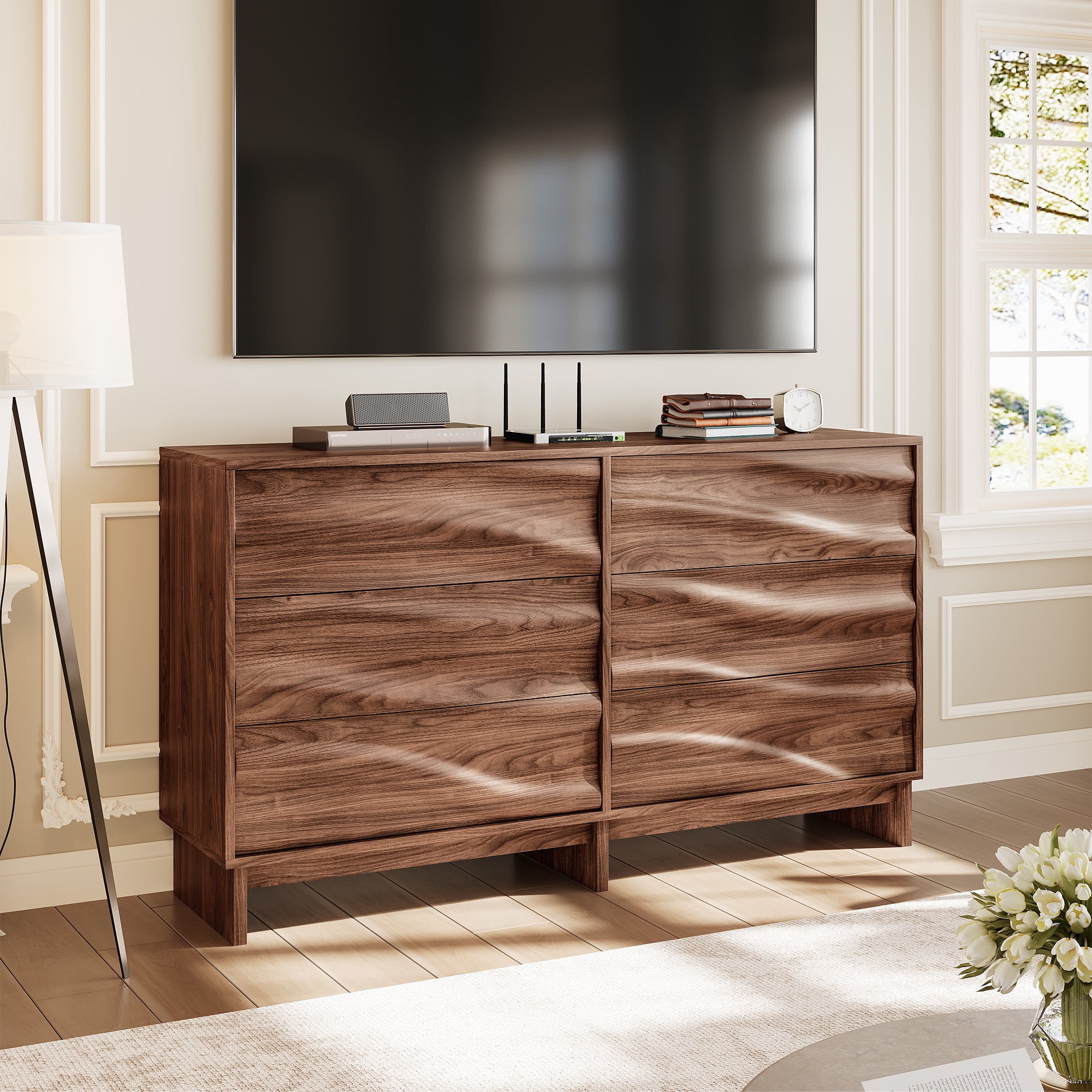 Leumius 47.2" Buffet Sideboard with 6 Drawers, Walnut Finish with Wave Grain Texture, Farmhouse Storage Cabinet for Dining Room Living Room Hallway