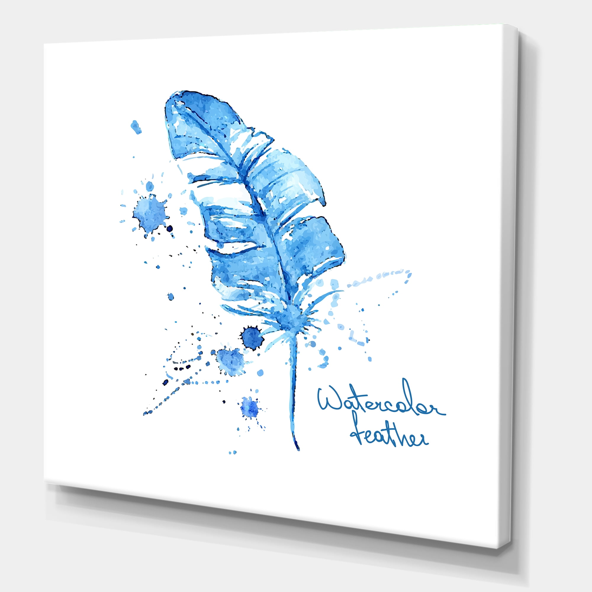 Designart ' Ethnic Blue Feather On White ' Bohemian & Eclectic Canvas Wall Art Print