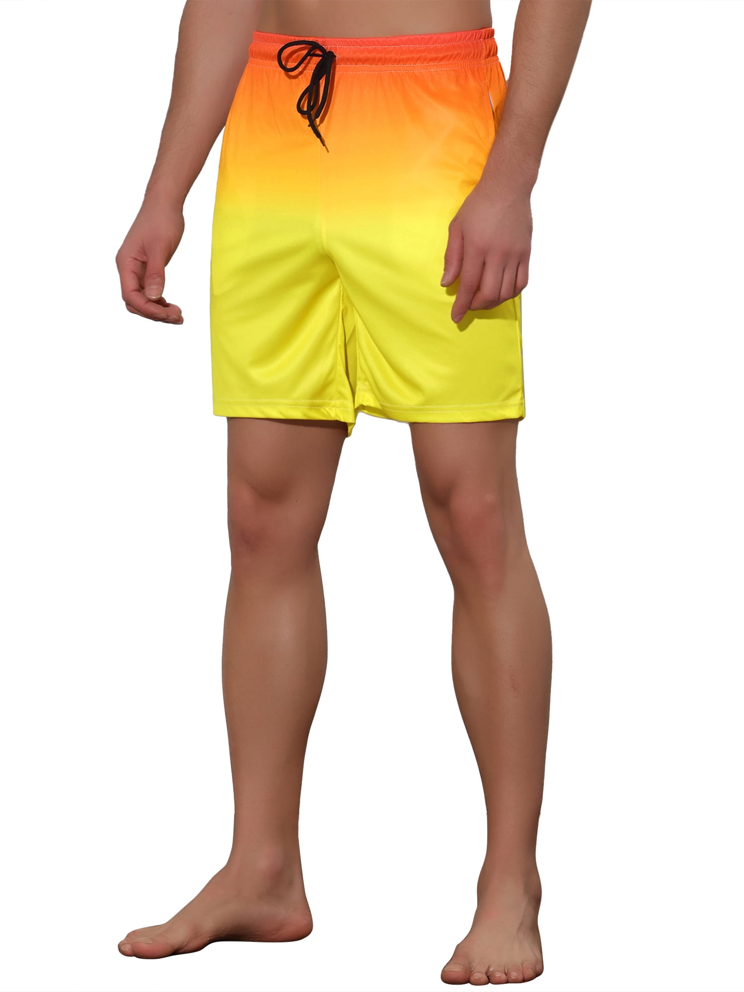 Unique Bargains Men's Drawstring Waist Colorful Pattern Hawaiian Swim Board Shorts 34 Yellow