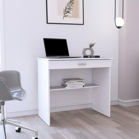 80 C Writting Desk, Modern White Desk With Drawer And Lower Shelf Efficiency Extra