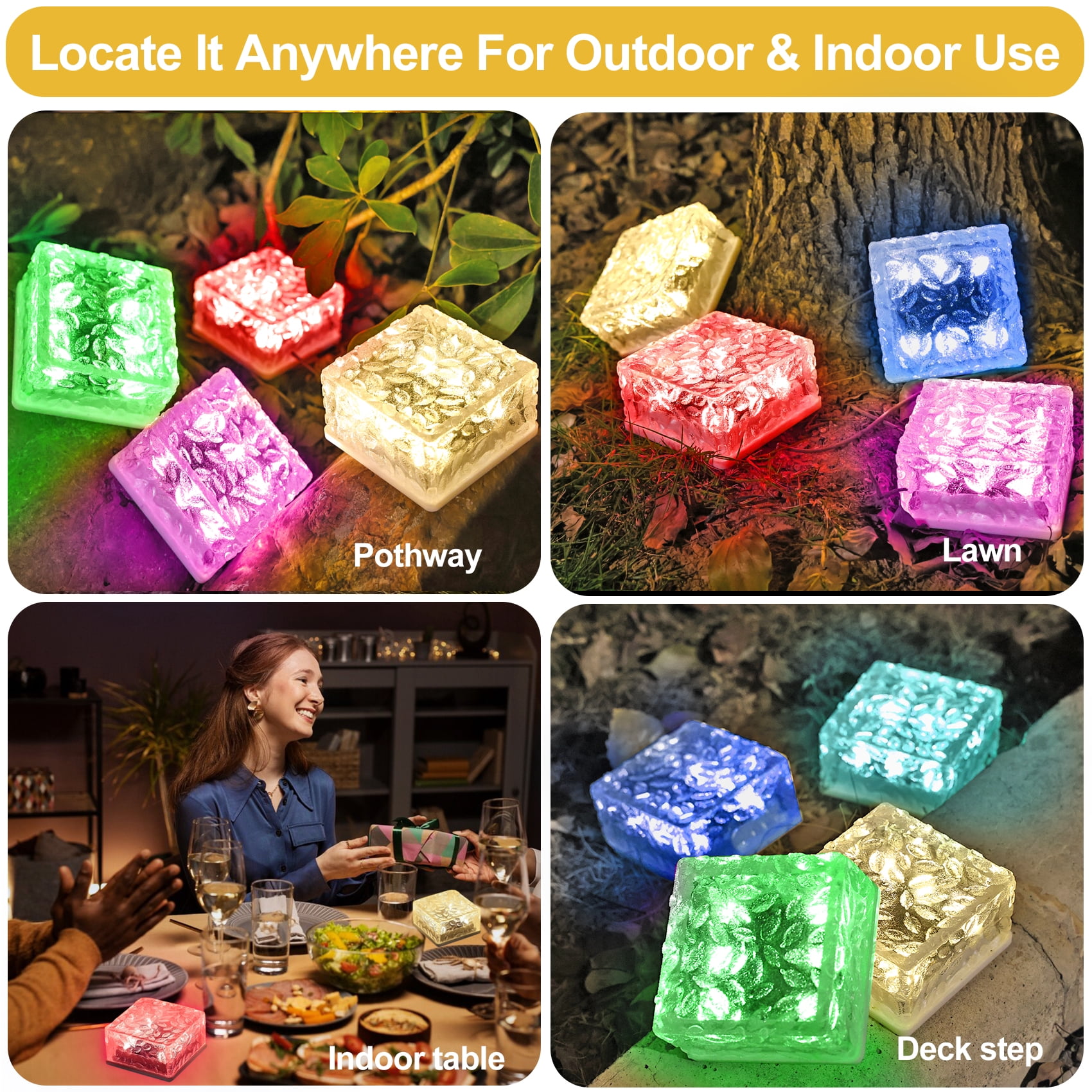 4"X4" Solar Brick Lights, 4 Pack Outdoor Solar Lights, Pavers Lights,Solar Pathway Lights Outdoor Waterproof for Garden Courtyard Pathway, Ice Rock Cube Lights (Multicolor)