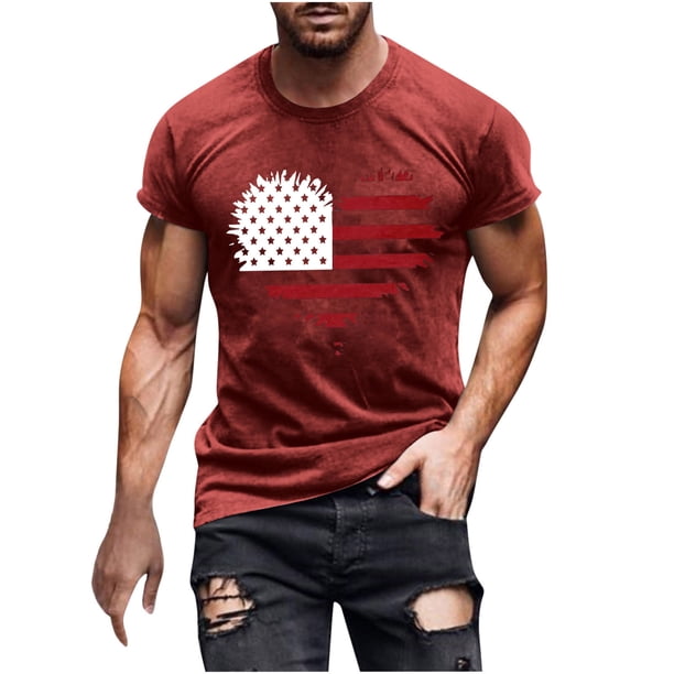 Mens Casual Manga Corta Botón Abajo Camisetas Estados Unidos Bandera Impresión Cuello Redondo Suéter Camiseta, Poliéster Casual Uso Diario para Hombres