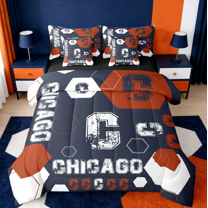 Manfei Abstract Geometric Hockeycomb 7-Piece Twin Bedding Sets,White Letter C Bedding Comforter Set,Chicago Sport City Sheet Sets For Kids,Lightweight Room Decoration Reversible