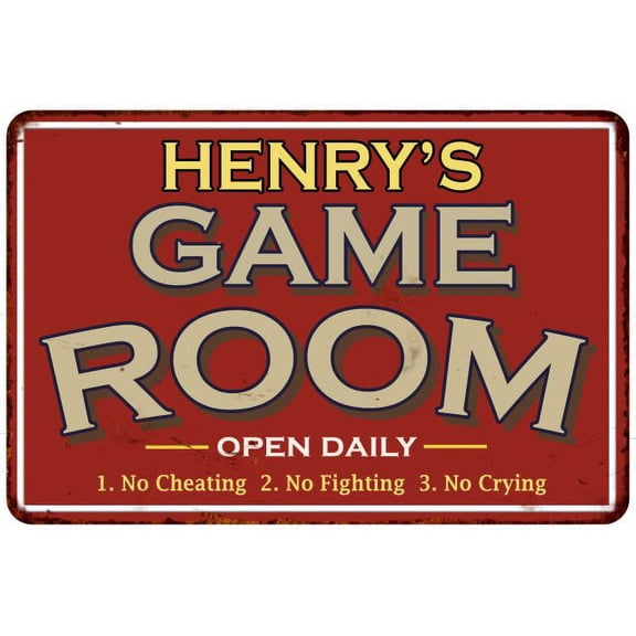 HENRY'S Game Room Sign Vintage Look 8 x 12 High Gloss Metal 208120001200