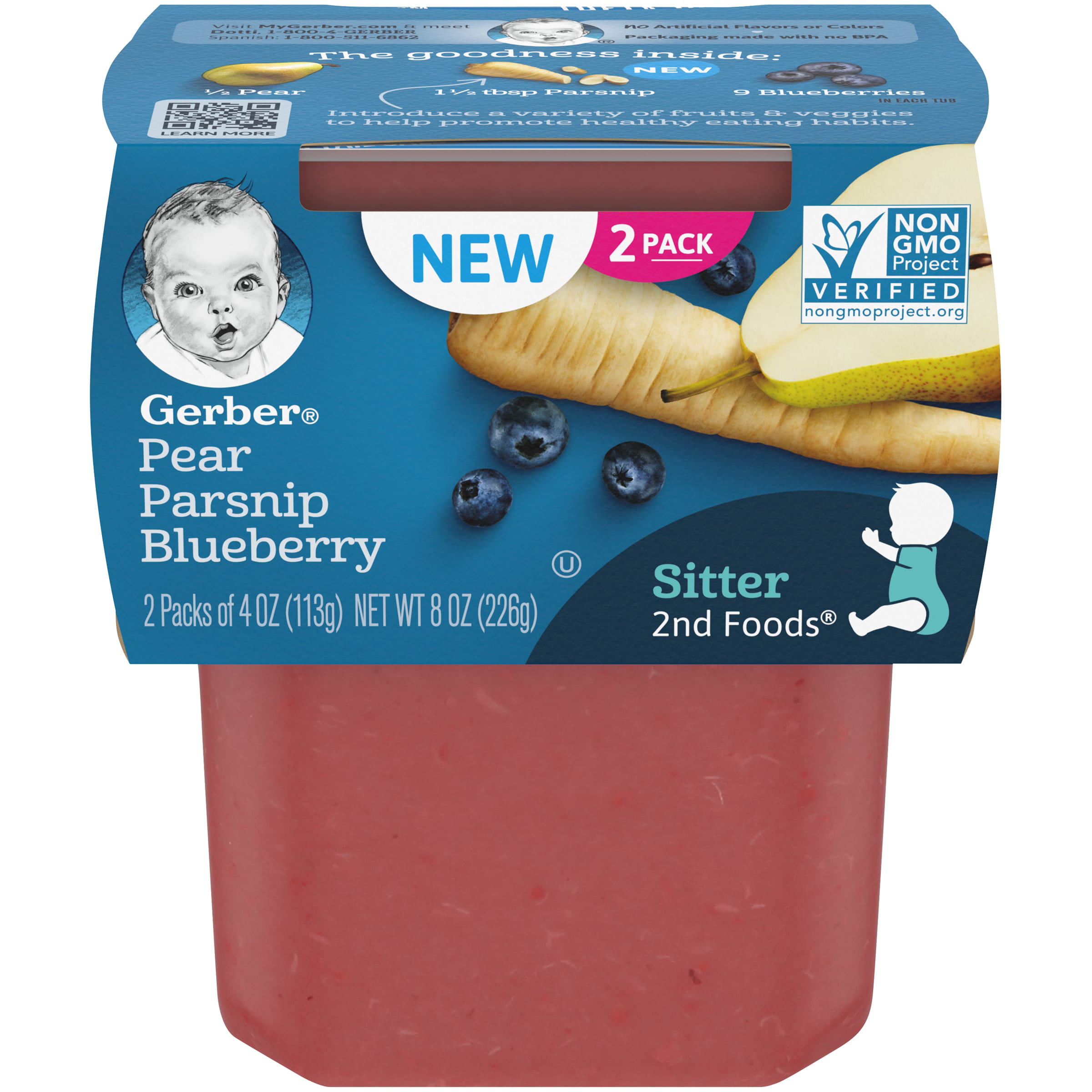 Gerber Stage 2 Baby Food, Pear Parsnip Blueberry, 4 oz Tubs (16 Pack)