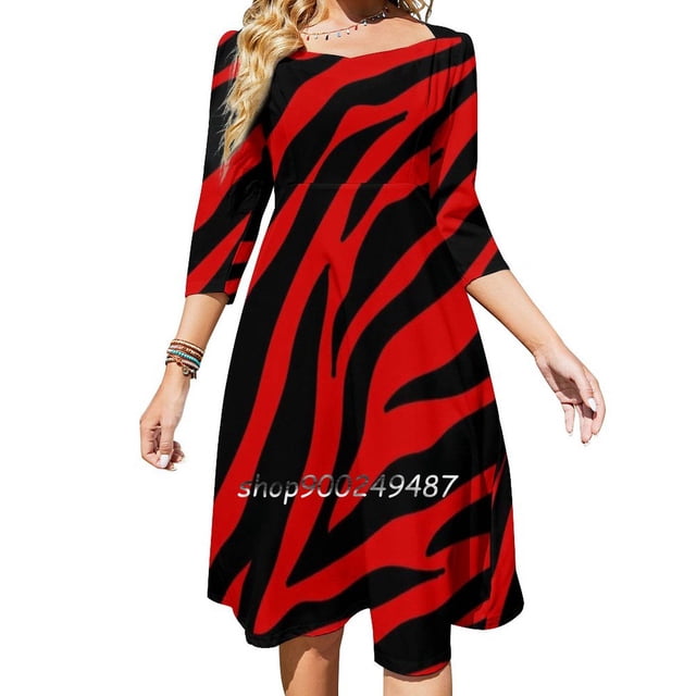 Vestido elegante dulce de cebra roja para mujer, vestido coreano kawaii con cuello cuadrado, cebra roja, rayas rojas, negro, rojo, rayas negras, cebra, cebra