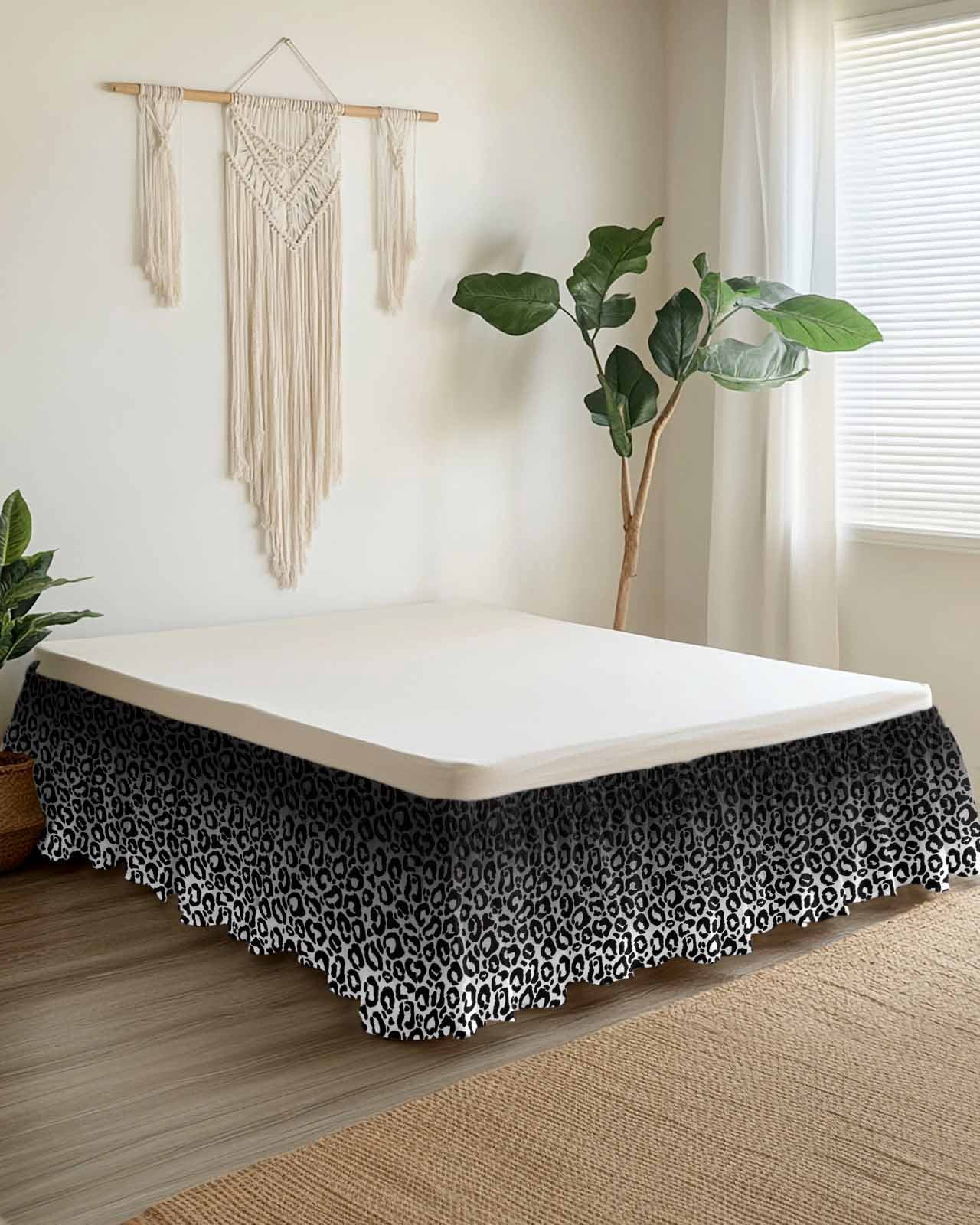 Ombre Leopard Bed Skirt King Size 16" Drop Print Black White Gradient Ruffled Wrap Around Bed Skirts Adjustable Elastic Bedskirt Dust Ruffle for King Size Bed