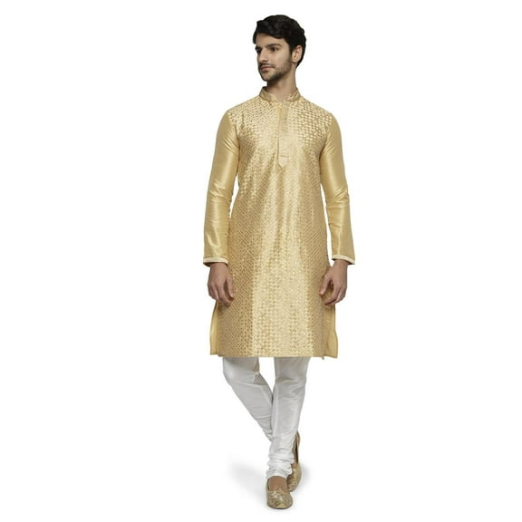 Ethnix Men's Mandarin Collar Festive Gold Collection Kurta Pajama 2-piece set; SM