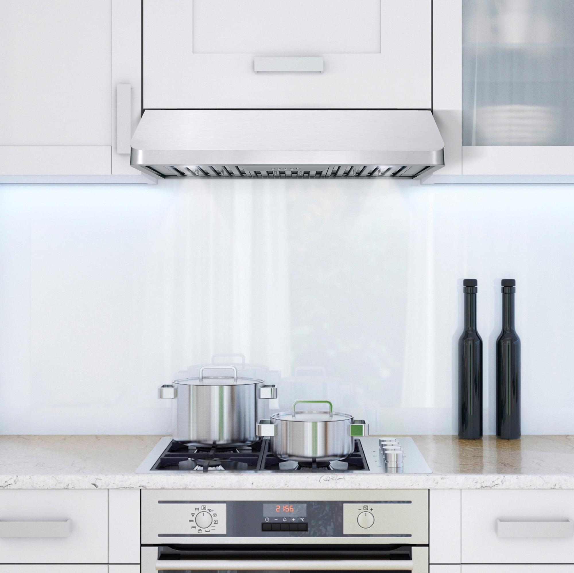 Cosmo 5 Piece Kitchen Appliance Packages with 36" 220/240V Dual Fuel Range 36" Under Cabinet Range Hood 24" Built-in Fully Integrated Dishwasher French Door Refrigerator & 48 Bottle Wine Refrigerator