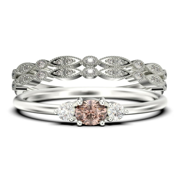 Minimalist 1.65 Carat Slim Oval Cut Morganite And Diamond Moissanite Fairy Engagement Ring, Dainty Wedding Ring in 925 Sterling Silver With 18k White Gold Plating, Festival Trio Set, Matching Band