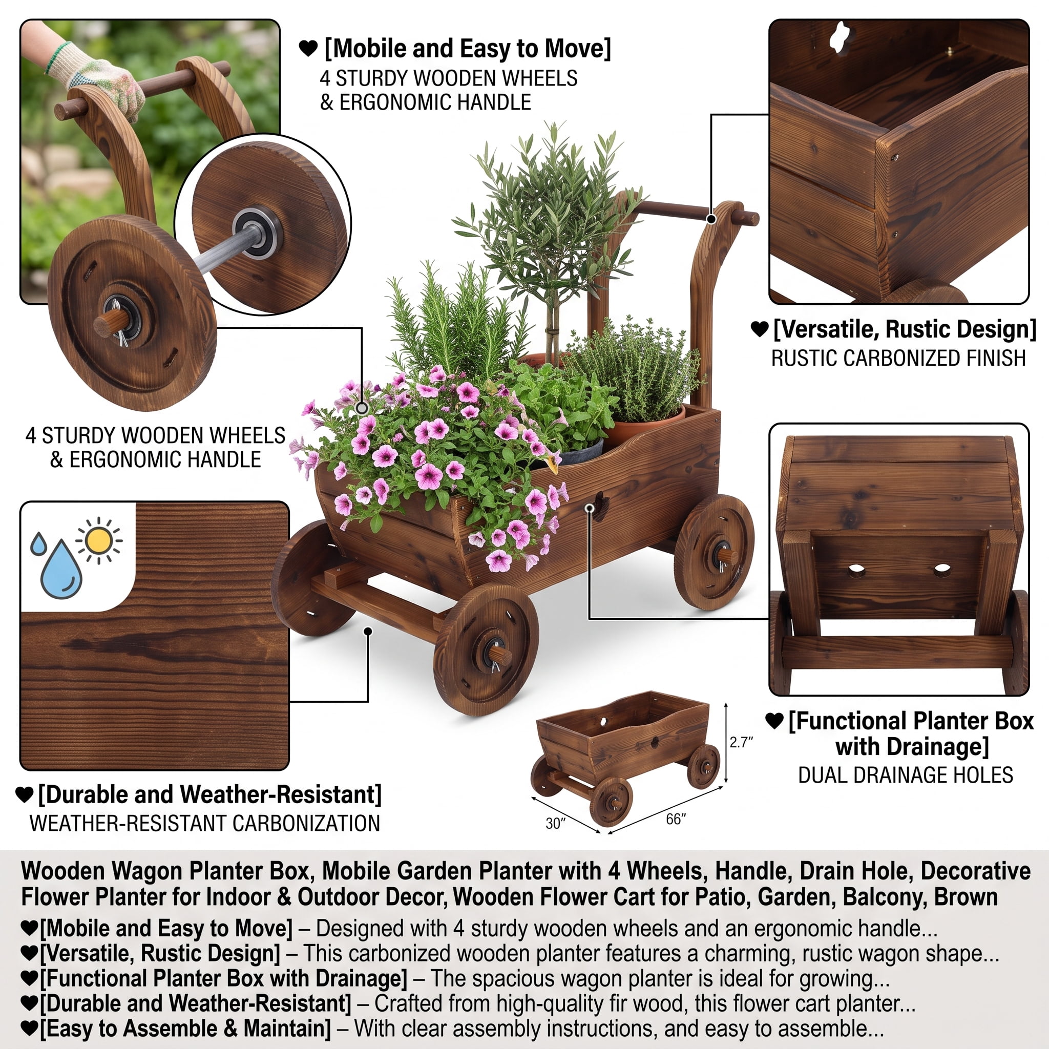 Wooden Wagon Planter Box, Mobile Garden Planter with 4 Wheels, Handle, Drain Hole, Decorative Flower Planter for Indoor & Outdoor Decor, Wooden Flower Cart for Patio, Garden, Balcony