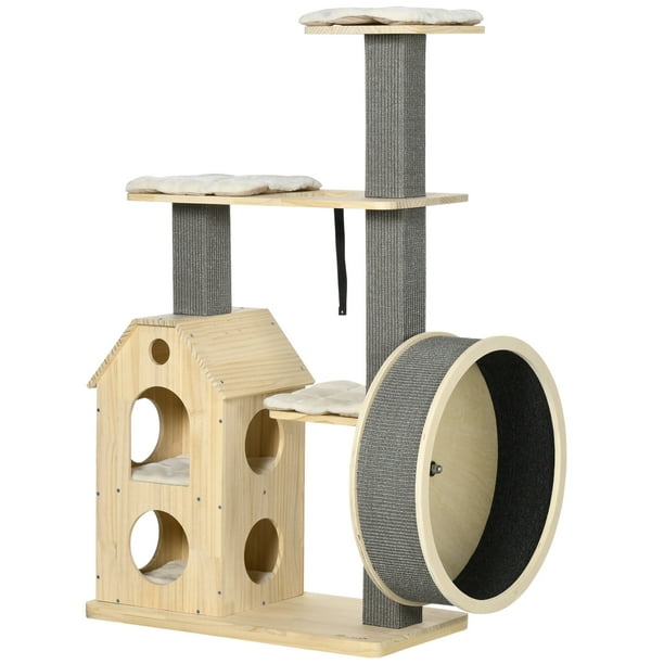 PawHut Modern Small Cat Tree W/ Scratchers & Wheel, Wooden Cat Tower