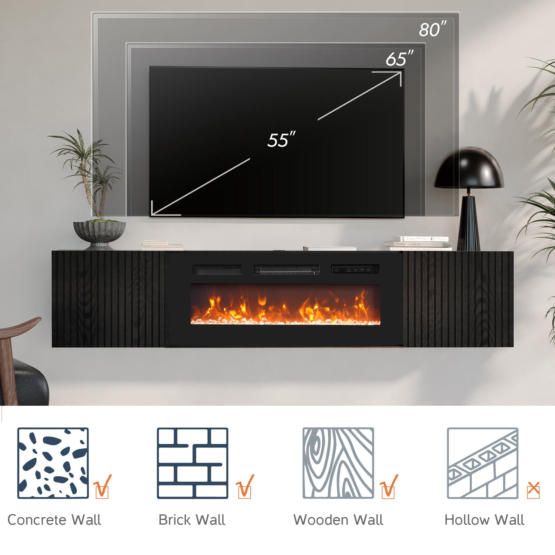 Fireplace Floating TV Stand with Fluted Doors and Yellow Light for TVs up to 80inch