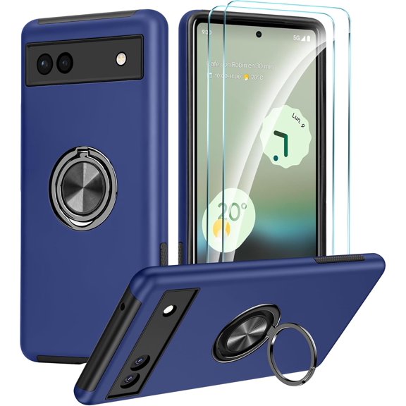 Case for Google Pixel 6A with 2Pcs Tempered Glass Screen Protector Film and Kickstand, [Military Grade Drop Protection] Shockproof Stand Phone Cover, Blue