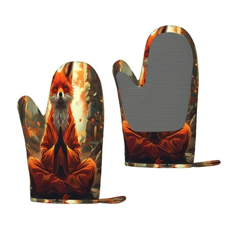 

Hirioo Maple Leaf Meditating Fox for Silicone Oven Mitts for BBQ Baking Cooking Set of 2 Heat Resistant 260℃ Non-Slip Kitchen Essentials