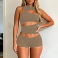 thumbnail image 2 of Womens Ribbed Cutout Tank Top and Shorts Set, Solid Color Slim Fit 2-Piece Outfit, Hollow Out Streetwear Matching Set for Casual Summer Party, 2 of 5
